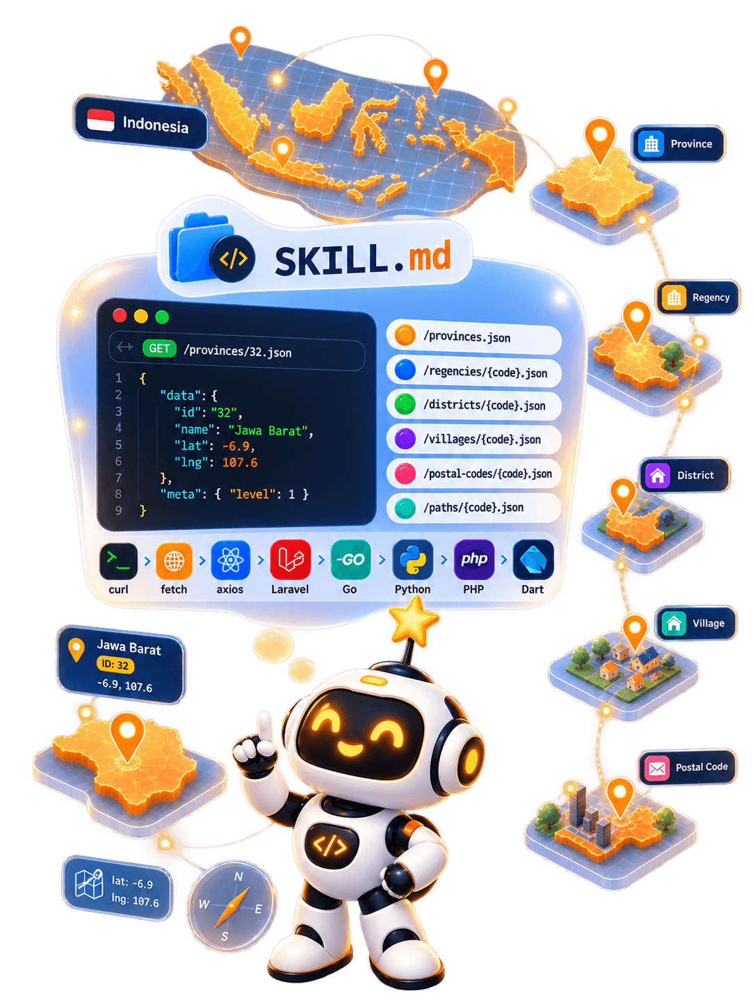 SKILL.md illustration — robot with SKILL.md API usage and floating Indonesia polygon regions